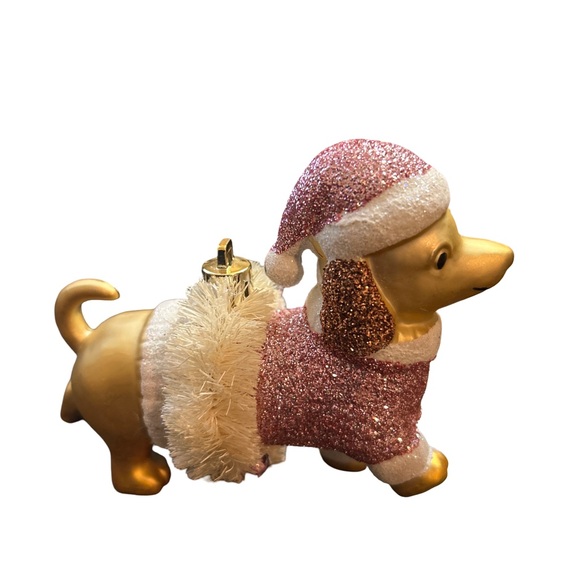 Other - Holiday Dachshund Dog Pink and Gold Ornament with Glitter Santa Suit